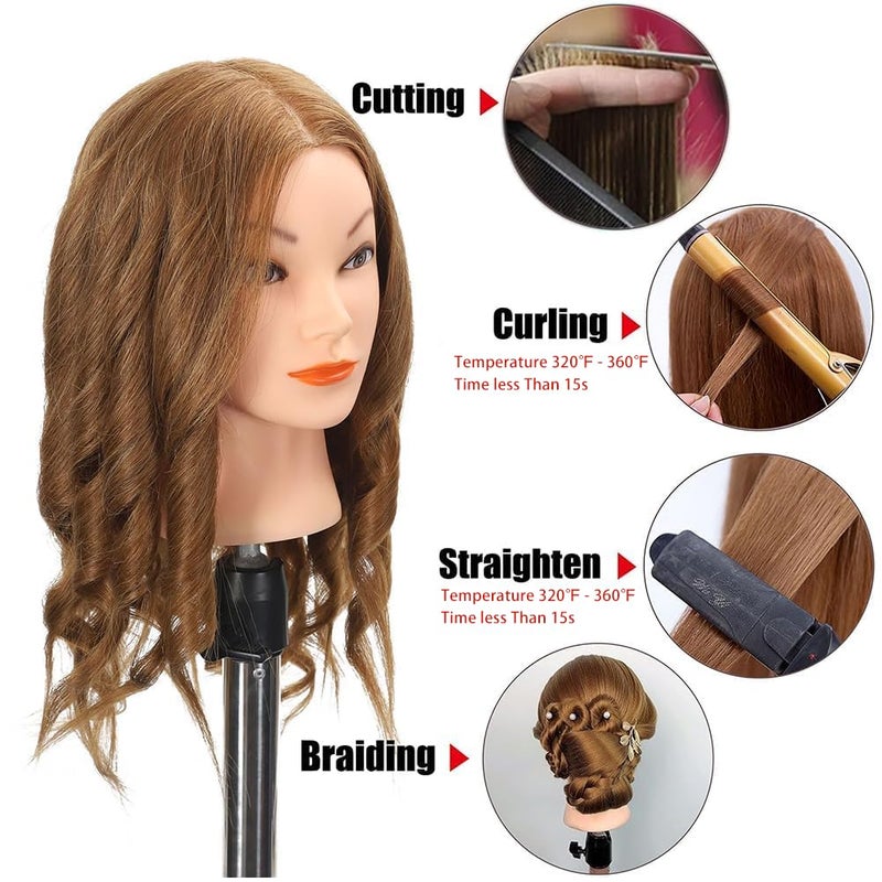 Opini Mannequin Head with 100% Real Human Hair Cosmetology Mannequin Doll Head for Practice Braiding Hairdresser Head with Stand and Tool (#Light Brown) - Image 3